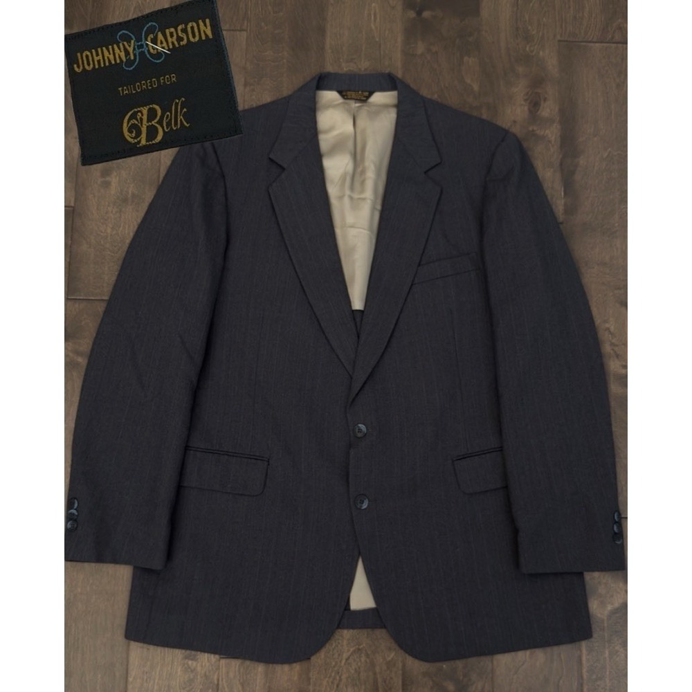 Vintage Johnny Carson Mens Blue Herringbone Blazer Jacket Two Button Size 44L